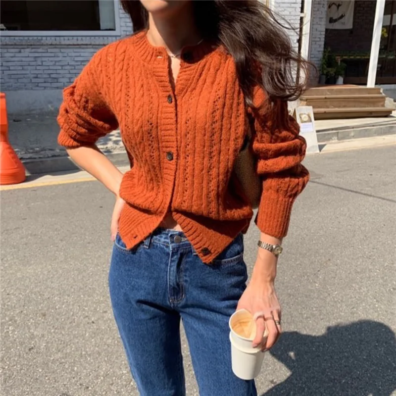 Knitted Sweater Cardigan Hollow Out Casual Sweater Women Elegant Winter Jumper Korean Oversized Cardigan Harajuku Coat V832 - Цвет: orange