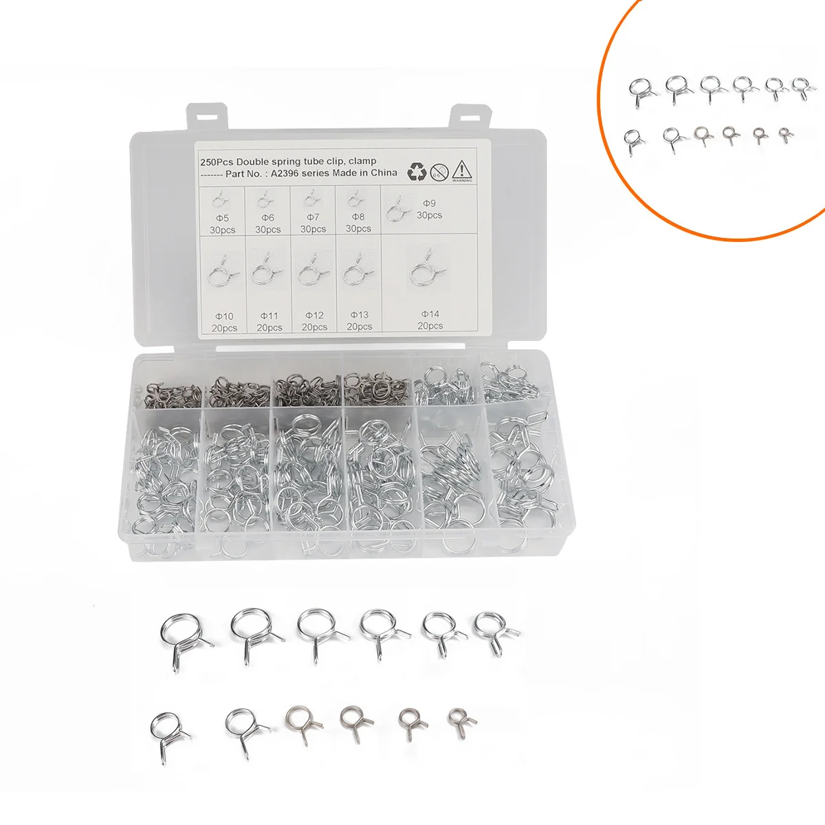 

250Pcs Î¦5-Î¦14/Double Spring Tube Clip Clamp/Two-Wire Hose Water Pipe Clamp Torsion Springs