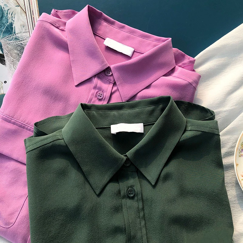 Pink Silk Shirt Women Summer Casual Long Sleeve