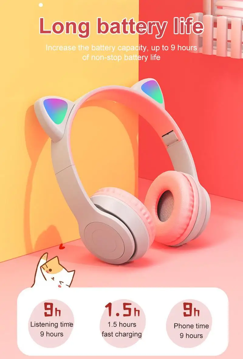 Fone de Ouvido sem Fio com Microfone Fone de Ouvido do Telefone Gato Bonito Orelhas Bluetooth Pode Controlar Led Criança Menina Música Estéreo Capacete Presente 1 sem fio com microfone pode controlar led