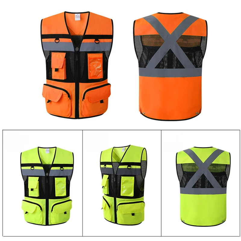 Orange Safety Vest Reflective With Tool Pockets Breathable Work gilet Hi Vis Mesh Reflective Vest Workwear