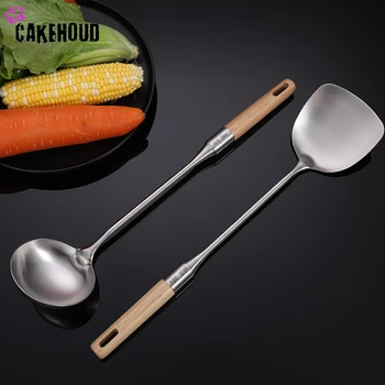 

Thickened Stainless Steel Chef Soup Spoon Kitchen Accessories Solid Wood Handle Spatula Colander Soup Spoon Frying Pan Spatula