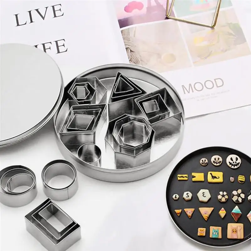 24pcs Geometry Shape Cookie Cutters Molds Stainless Steel Fruit Cutters Baking Molds for Home Kitchen Bakery with Iron Box