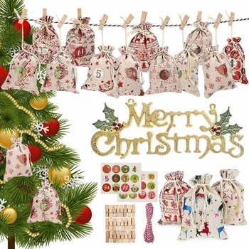 

Christmas Linen Cotton Bag Muslin Gifts Jewelry Packaging Bags Cute Drawstring Decor for Calendar Countdown Christmas Party