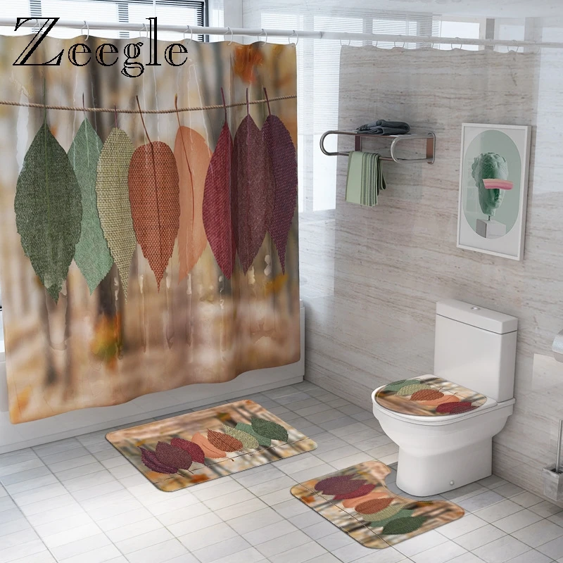 Zeegle 4pcs Bath Mat Set Pedestal Rug Toilet Seat Cover Toilet U Typet Mat Polyester Bathroom Shower Mat Washable Toilet Rug