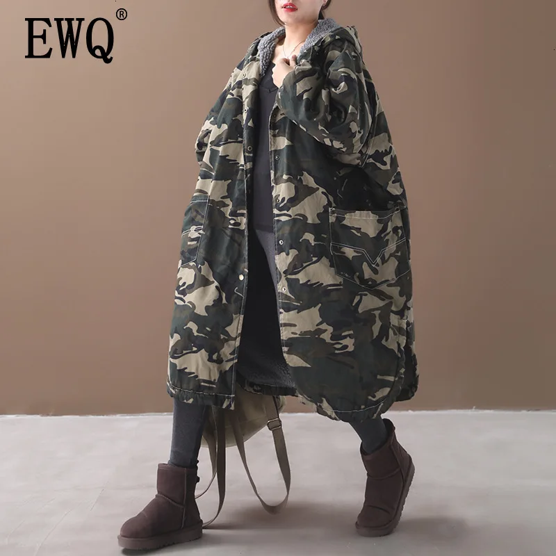 

[EWQ] 2020 Autumn Winter New Pattern Hooded Collar Camouflage Print Patchwork Single Breasted Vintage Cotton Padded 19C-a93-06-0