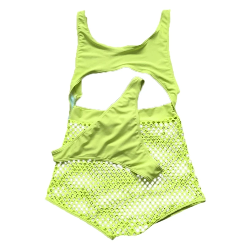 

Fishnet Mesh Neon Swimsuit Two Pieces Swimwear High Waisted Swimming Set For Women Beachwear Thong Swim Suit