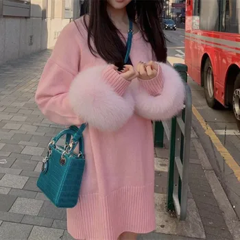 

RUGOD Women's Wool Sweater O-neck Pink Solid Long Sleeve Patchwork Fox Hair Soft Pullovers Casual Lady 2019 Winter