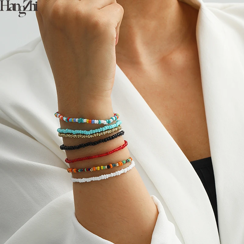 HangZhi 2020 nuevo 7 unids/set moda Simple Multicolor Boho elástico semillas cuentas pulseras para las mujeres joyería de la personalidad