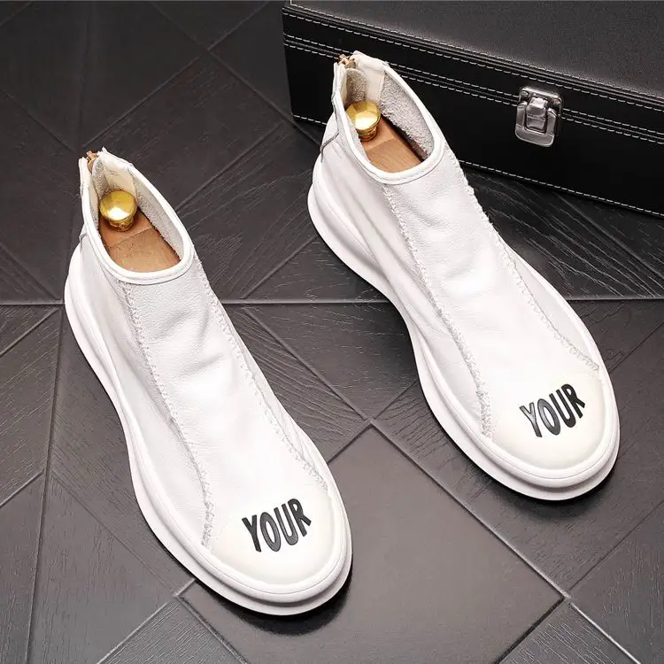

Hot Selling Designer Men White Casual Shoes High Top Slip On Trending Leather Leisure Shoes Younger Man Cowboy Size 38-43