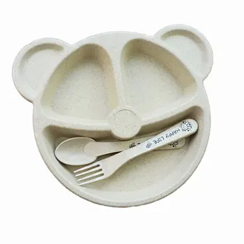 

Baby bowl+spoon+fork Feeding Food Tableware Set Cartoon Bear Kids Dishes Eating Dinnerware Anti-hot Wheat Straw Training Plate