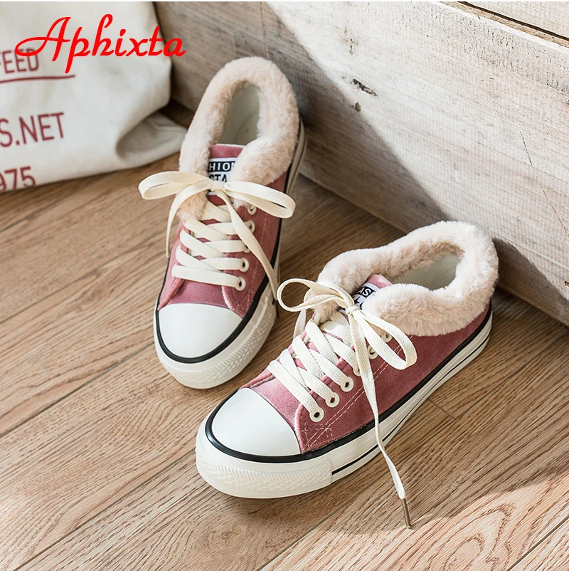 Aphixta Winter Women Flats Vulcanized Sneakers Warm Plush Shoes Woman Canvas Shoes Female Sneakers Fashion Lace Up Shoes