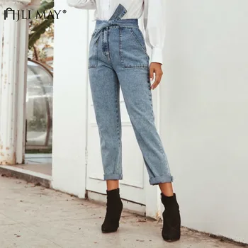 

JLI MAY Sexy Long Pants Plus Size Drawstring Belted High Waist Jeans Regular Women Ankle-Length Pockets Straight Casual Pant