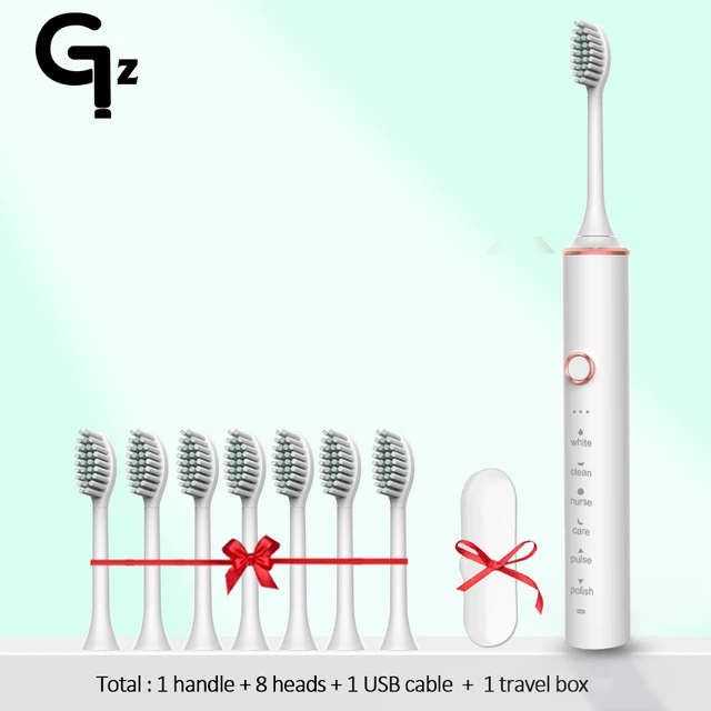 GeZhou Electric Toothbrush Sonic Toothbrush Rechargeable IPX7 Waterproof 6 Mode Travel Toothbrush with 8 Brush Head best gift N100white 8 box