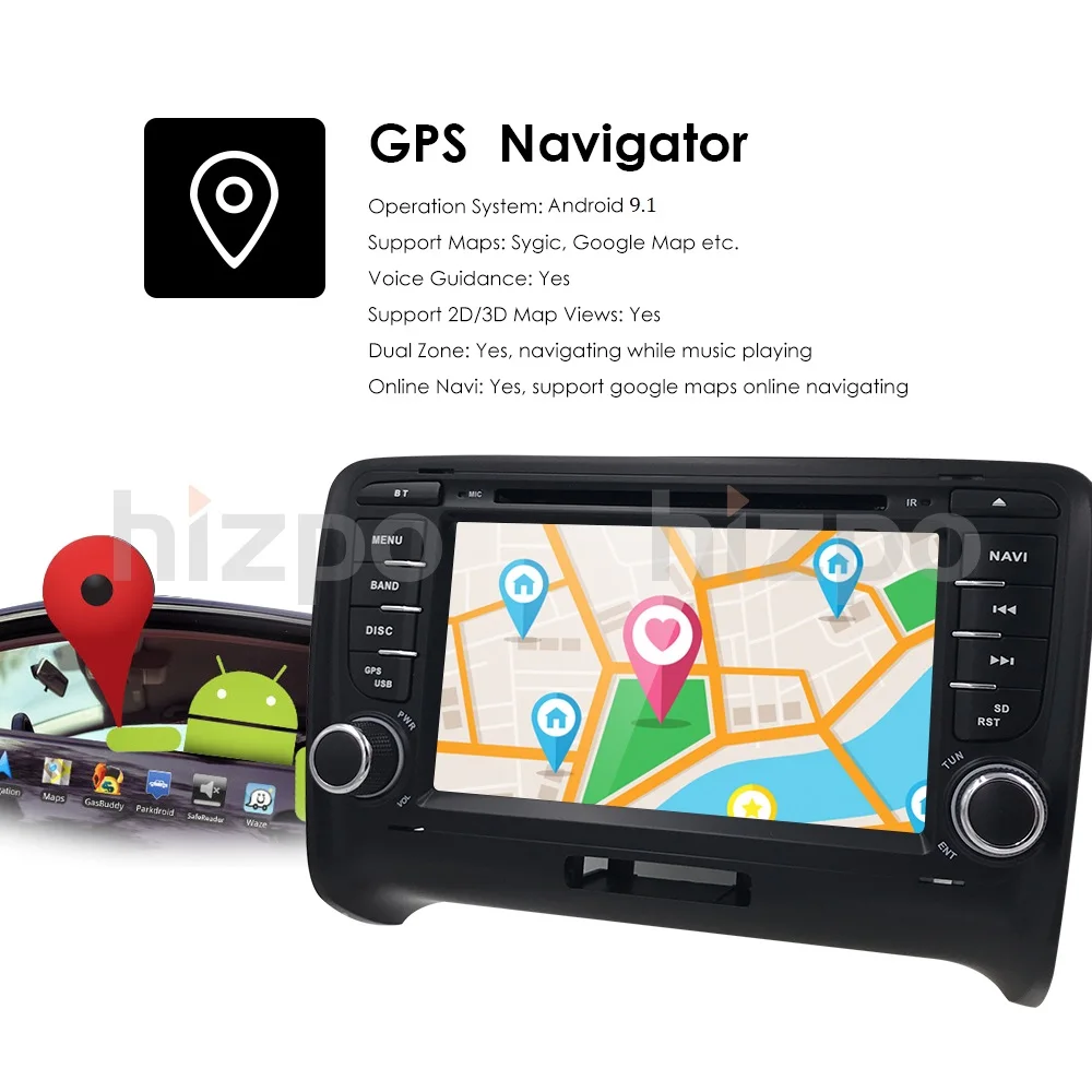 Excellent Android 9.0 HD 1024*600 Car DVD Player Radio For Audi TT MK2 2006 - 2014 4G WIFI GPS Navigation Head Unit 2 din 2GRAM DVR SWC BT 2