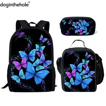

doginthehole Beauty Butterfly 3D Pattern Casual Satchel Girls 3PCS Set Teenager Large Size Pretty Animal Kids Custom School Bags