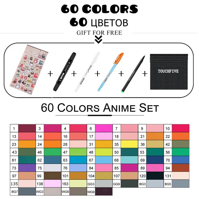60 color anime TouchFIVE 168 цветов художественные Маркеры Ручка на спиртовой основе двойная головка эскизные маркеры Кисть ручка для рисования манга дизайн за рубежом склад - Цвет: 60 color anime