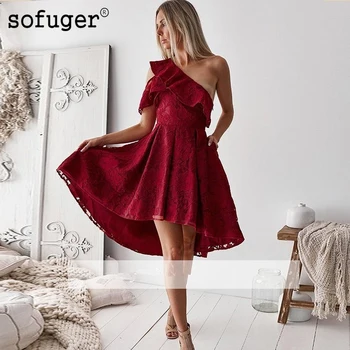 

Burgundy Elegant Cocktail Dresses A-line One-shoulder Lace High Low Party Plus Size Homecoming Dresses