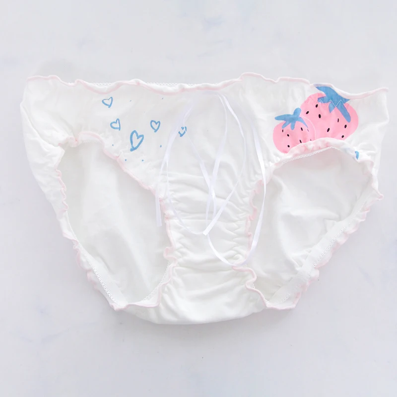Японские хлопковые трусики с принтом клубники Kawaii, милое женское сексуальное нижнее белье с оборками и бантом, милые трусы с низкой талией для девушек - Цвет: White