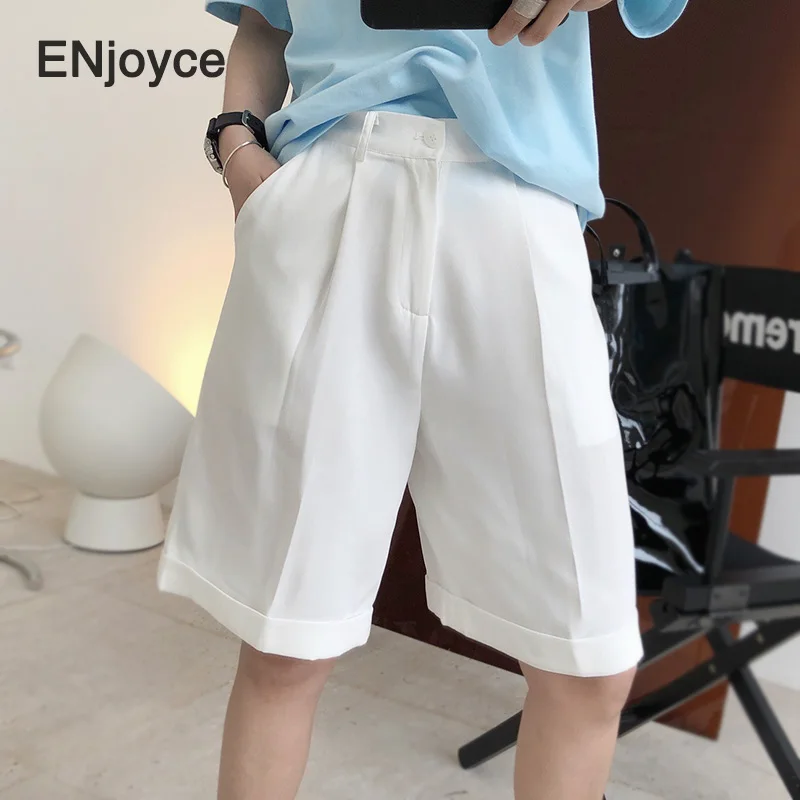 

White Chiffon Suit Shorts Womens Summer Korean Fashion High Waist Midi Straight Leisure Trousers Loose Office Work Wear Pants