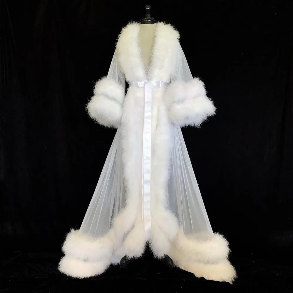White Double Deluxe Women Robe Fur Nightgown Bathrobe Sleepwear Bridal