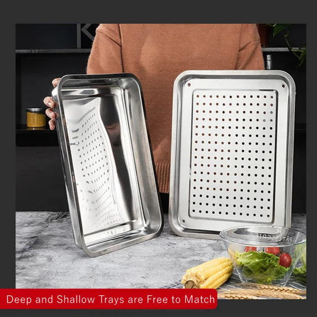 Téglalap Rozsdamentes Acél Tea Csésze Tálca Japán Stílusú Étkezés Üreges Víz Lefolyó Deszka Edények Olajszűrő Tányér Konyhai Tároló Edény - Image 5