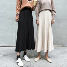Шикарная трикотажная юбка с высокой талией Осень-зима простые универсальные корейские Юбки Женская однотонная шапка Повседневная модная плиссированная юбка черного цвета