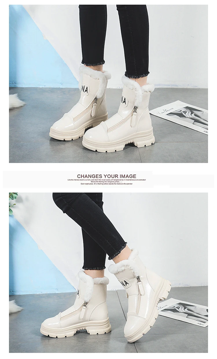 Winter Sneakers Warm Fur Shoes Woman Black White Sneakers Zipper Winter Boots Lady Casual Shoes High Top Sneakers Platform