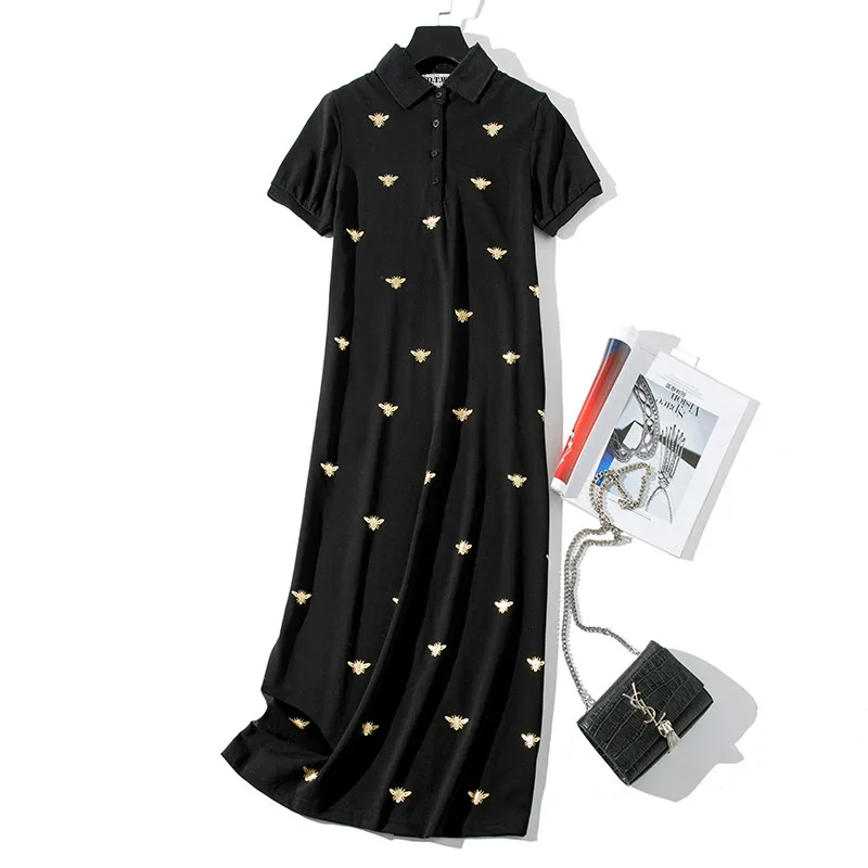 Bee Print Long Knee-Length Shirt Dresses Women 2019 Casual Turn-down Polo Straight Dress Female Pockets Cotton Clothes
