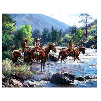 

Native art diamond rhinestone painting diamond Indian Landscape Warrior crossing the river full diamond embroidery mosaic decor