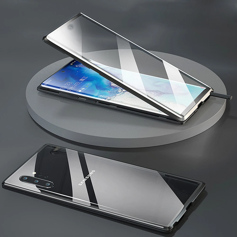 Магнитный адсорбционный металлический чехол для телефона samsung Galaxy S10 S9 Plus Note 10 9 Note10 pro двусторонний стеклянный Магнитный чехол s - Цвет: Black