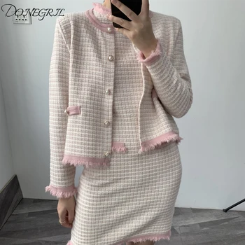 

2020 New Autumn Winter Women's Long-sleeved Short Wool Jacket Coat Woolen + Vest Dress Two Piece Ladies Elegant Dress Set