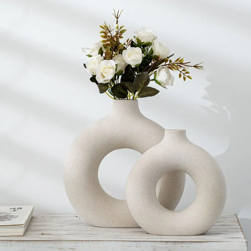 Nordic Circular Hollow Ceramic Vase Donuts Flower Pot Home Decoration Accessories Office Desktop