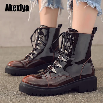 

Punk Style Women Ankle Boots Black 5CM Platform Boot Low cut Military Boots Metal Decor Autumn Winter Botas Mujer u659