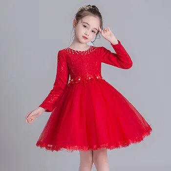 

Children Clothing Red Long Sleeve Cheap Flower Girls Dresses Kids Baby Spring Autumn Floral Costumes Party Wedding Ball Gowns