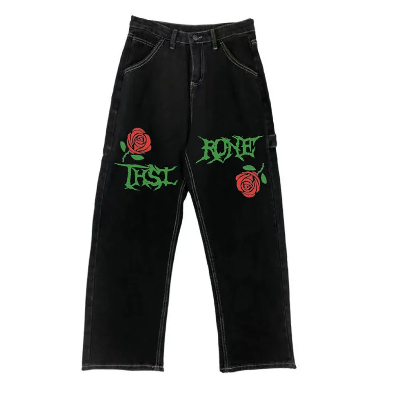 

New Jeans Women Harajuku Streetwear Loose Wide Leg Pants Hip Hop Denim Trousers Vintage Rose Flower Print Cowboy Man Female