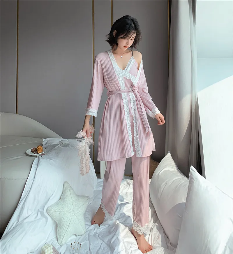 Хлопок пижамы женские сексуальные женские пижамы наборы Кружева сна Lounge 3 шт дамы длинный рукав Домашняя одежда