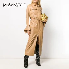 TWOTWINSTYLE из искусственной кожи, комплект из двух предметов для женщин, ассиметричное пальто с расклешенными рукавами, раздельные юбки с высокой талией, женские костюмы, новинка