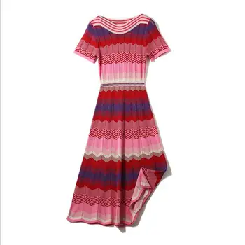 

Autumn 2019 new European and American women's wear Wave print with short sleeve round collar Bright silk knit dress