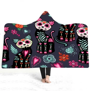 

cat 3d Printed Plush Hooded Blanket For Adults Kid Warm Wearable Fleece Throw Blankets Travel Bedding Throw Blanket B1027