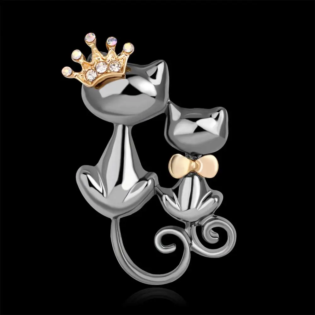 Brooch Pin Fashion Jewelry Shiny Rhinestone Cute Double Cats Kitten Crown Gift Pins for Men Suit Coat Ornament Shirt | Украшения и