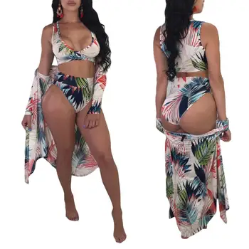 

Women sexy Print beach x-long long sleeve cloak Strapless bra top and panty three piece swimsuit bikini set