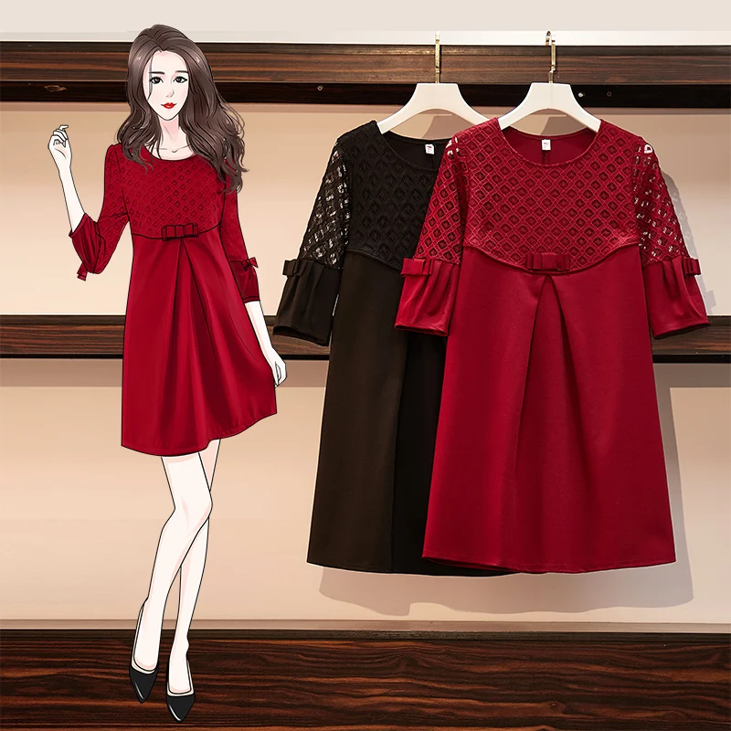 

XL-5XL Plus Size Women Solid Red Fashion Hollow Out Loose Mini Dress Summer 2020 Elegant O-Neck Half Sleeve Dresses Vestidos