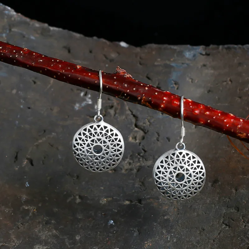Real 925 Sterling Silver Vintage Long Earrings For Women Hollow Round Drop Brincos | Украшения и аксессуары