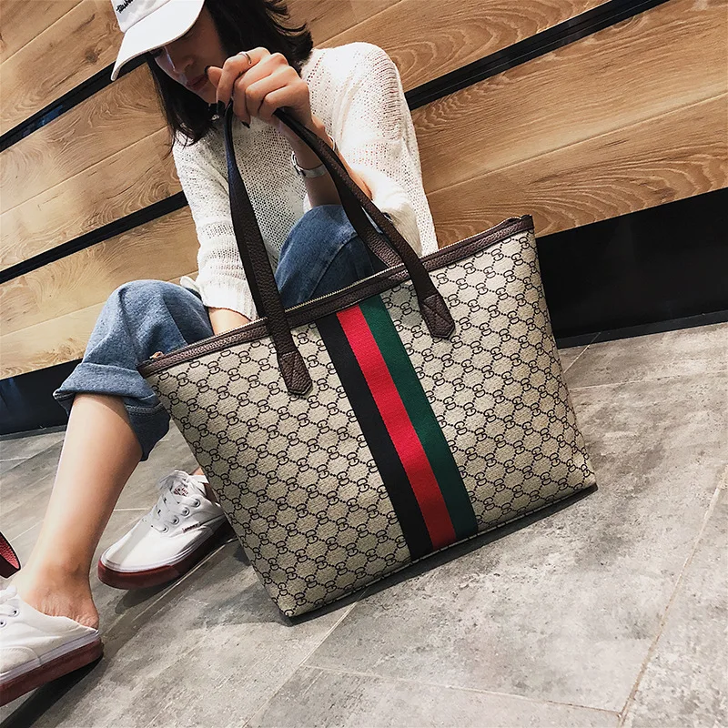

2019 New Style Europe And America-Style Fashion WOMEN'S Bag Printed Big Bag Color Stripes Handbag Women's Casual Versatile Shoul