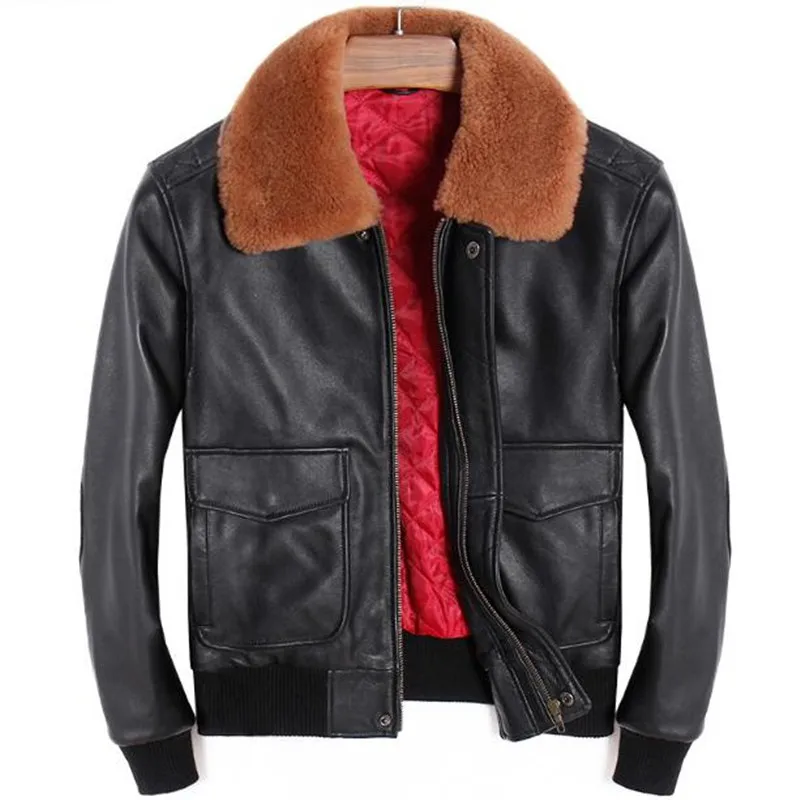 

Mens Fly Flight Bomber Pilot Jacket Motorcycle Genuine Real Sheepskin Slim Fur Collar Clothing Winter Male Moto Jacket Coat