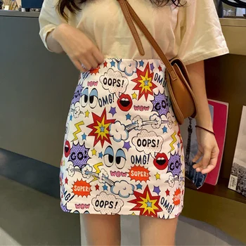 

Cartoon Print High Waist Mini Skirts Summer Women Pencil Skirt Young Girl Large Size A-Line Design Korean Vintage Fit Slim Sexy