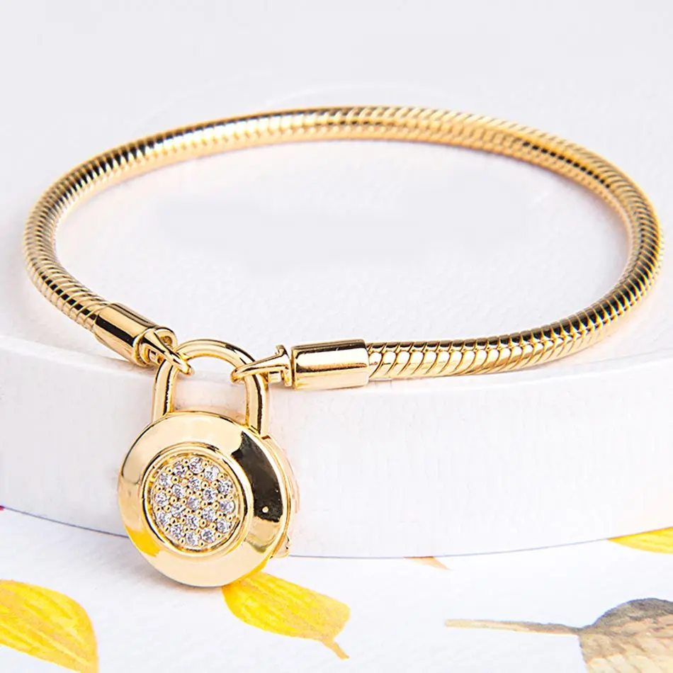 

925 Sterling Silver Bracelet Gold Color Logo Signature Padlock Smooth Snake Bracelet Bangle Fit Bead Charm Diy Fine Jewelry