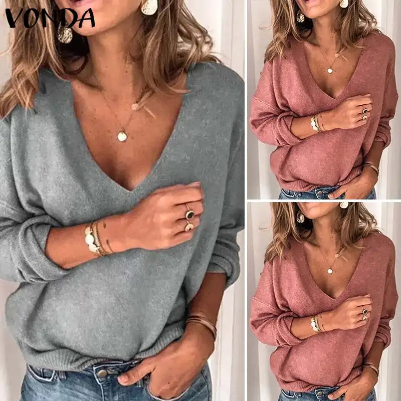 S-5XL, женский свитер, осенняя блуза с длинным рукавом,, VONDA, трикотаж, топы, сексуальный глубокий v-образный вырез, однотонный вязаный пуловер, тонкий свитер размера плюс
