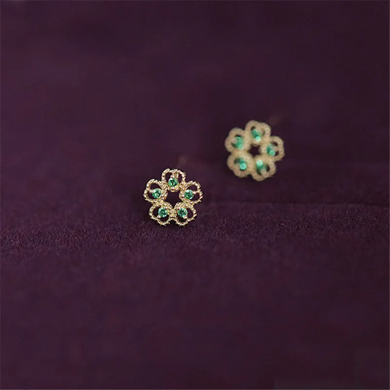 925 Sterling Silver French Simple Pavé Green Crystal Flower Stud Earrings Women Trend Charm Wedding Party Jewelry Gift